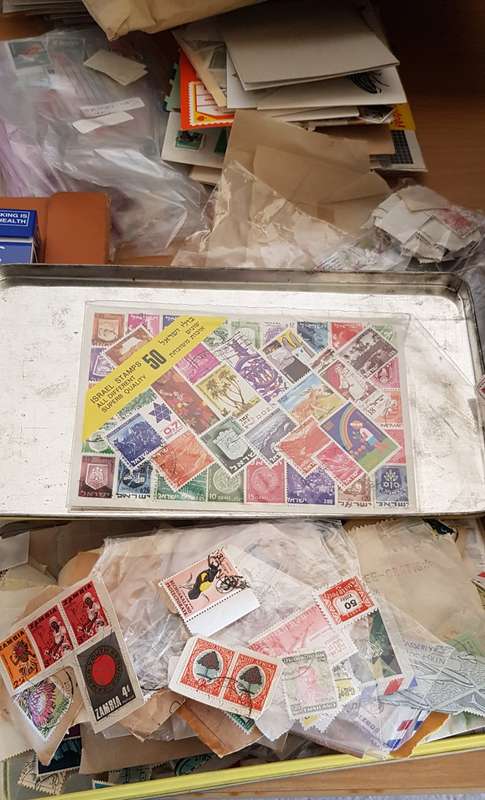 Old School Satchel with a mix of items incl bulk stamps on and off paper! Thematic, Finds possible!!