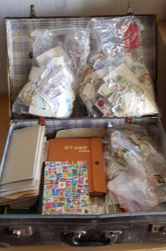 Old School Satchel with a mix of items incl bulk stamps on and off paper! Thematic, Finds possible!!