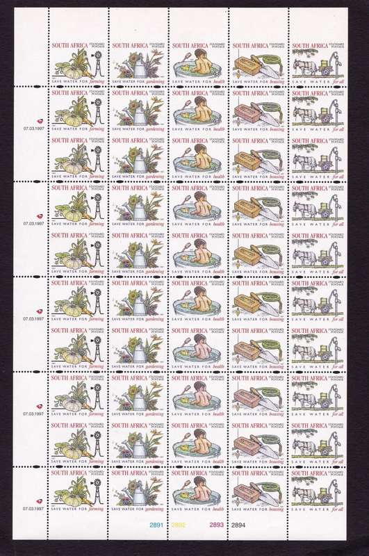 RSA: 1997 Water Conservation Uncut Sheet of 50 Stamps with Oval perfs SACC 1002/6 Cat R550