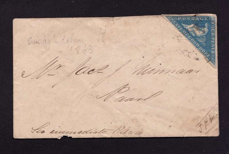 COGH: 4d CAPE TRIANGLE on 1863 Cover. Backstamped with Oval PAARL cancel. Very Scarce & High Cat!!