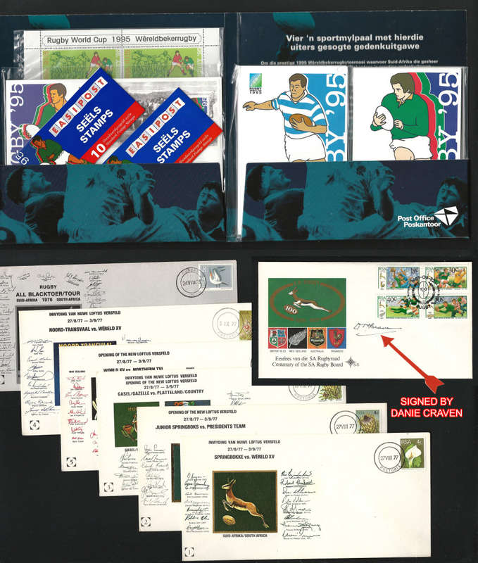 RSA: RUGBY BUNDLE incl- 1995 RWC SAPO Folder + 1989 FDC signed by DANIE CRAVEN, SCARCE - GO BOKKE!!