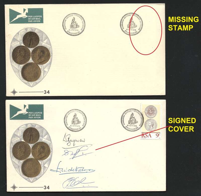 RSA: 1974 Numismatic Convention FDC No.34 with VARIETY "MISSING STAMP" & Signed FDC - SCARCE AS SUCH