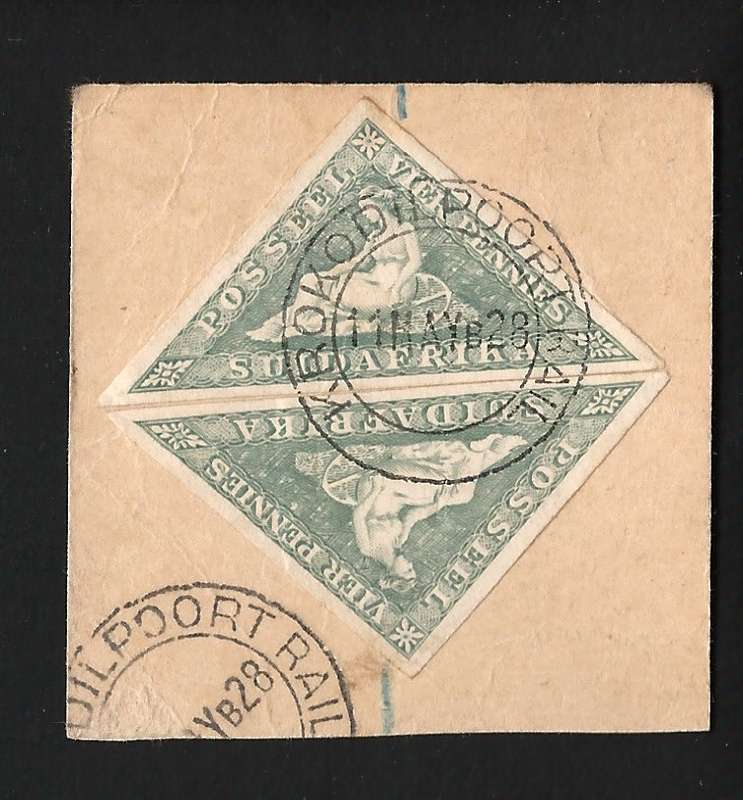 SA UNION: 1928 2 x 4d Triangle on piece with KROKODILPOORT RAIL cds to Nelspruit - Stunning Item