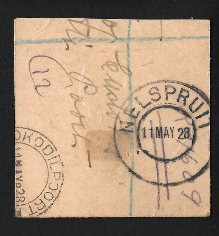 SA UNION: 1928 2 x 4d Triangle on piece with KROKODILPOORT RAIL cds to Nelspruit - Stunning Item