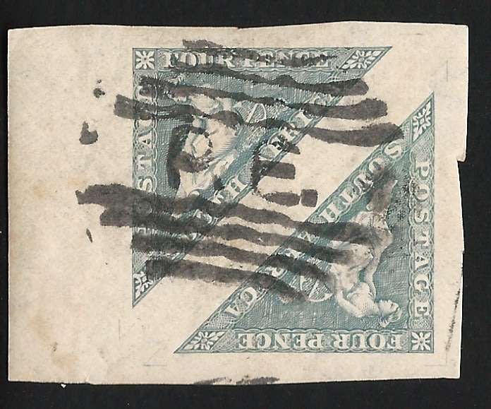 SA UNION: 4d Triangle Imperf Pair with unusual P.E Cancellation Stunning Unusual Item!!