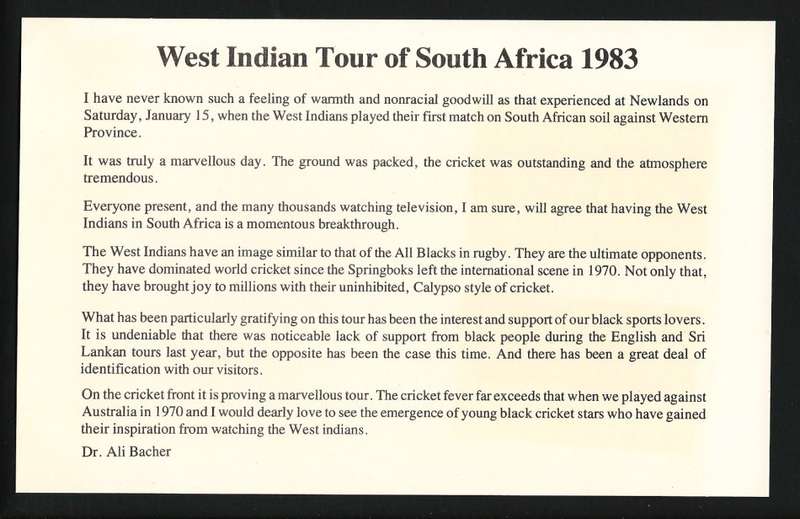 RSA: 1983 REBEL TOUR WINDIES vs SA COVER, SILK PHOTOS SIGNED by BOTH TEAMS!! SUPERB & SCARCE!!
