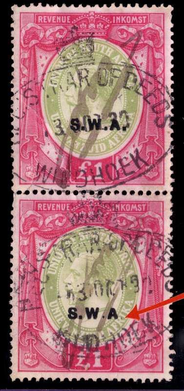 SWA: 1928 £1 KGV Revenue Used Vertical Pair with Variety PARTIAL MISSING STOP "." Interesting Item
