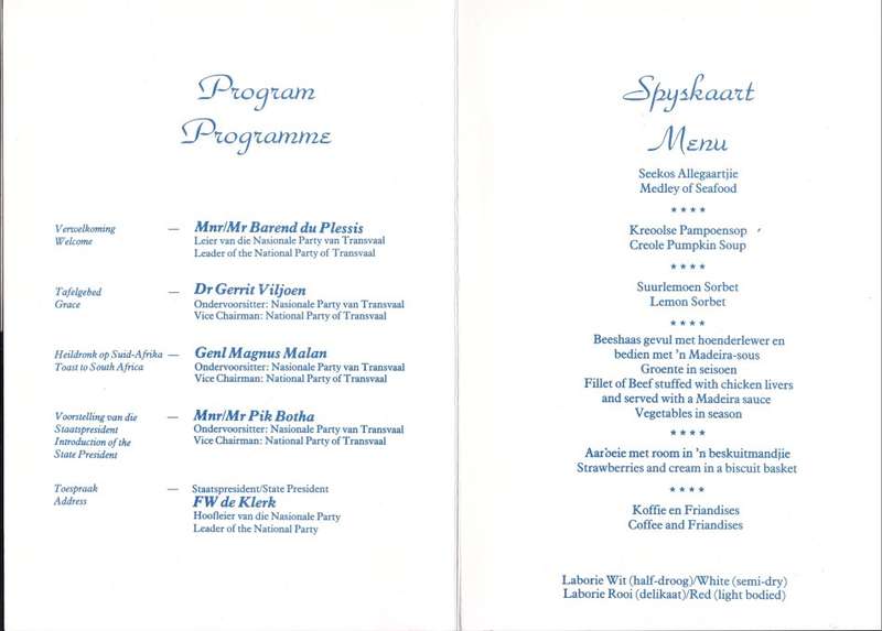 RSA: FW de KLERK Bundle, 1990 NP Gala Banquet, Numbered & Signed Invite/Menu + PW Botha 1981 address
