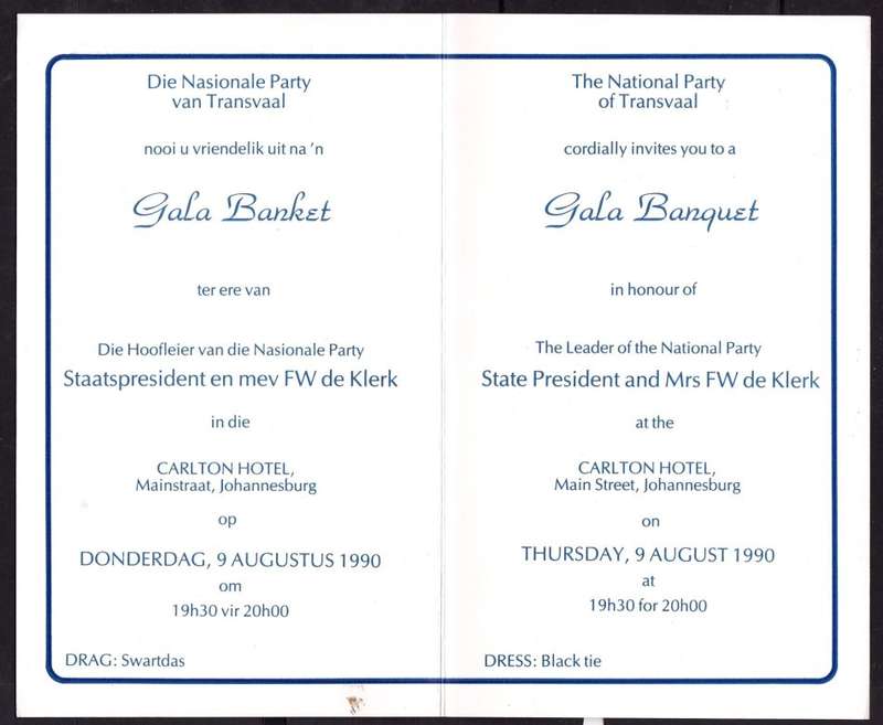 RSA: FW de KLERK Bundle, 1990 NP Gala Banquet, Numbered & Signed Invite/Menu + PW Botha 1981 address