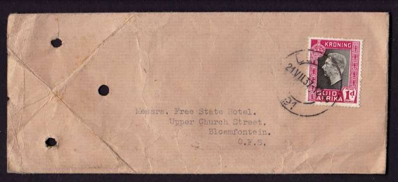 SA Union:- 1937 KGVI duty on LUGGAGE TAG addressed to the FREE STATE HOTEL