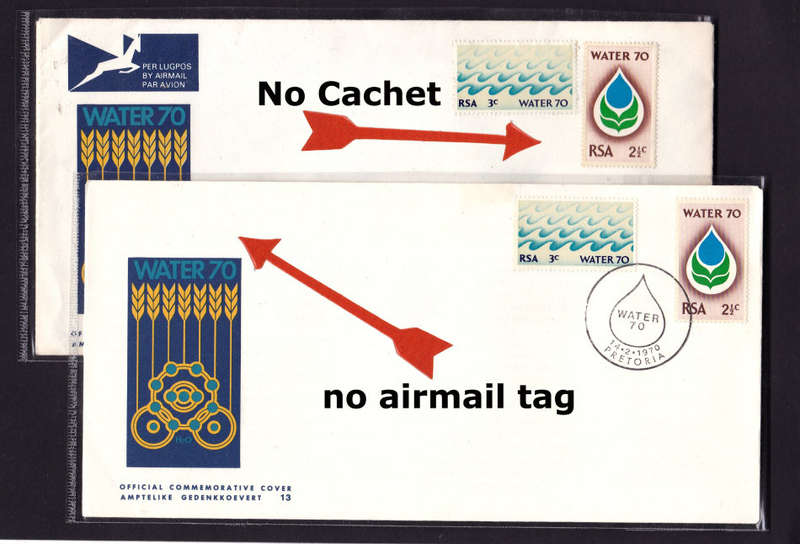 RSA: 1970 2 x Water FDC's - both with varieties incl NO AIRMAIL TAG & MISSING CACHET