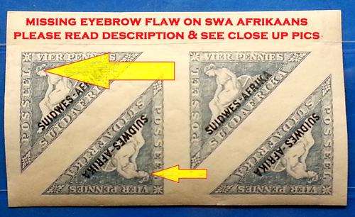 SWA 1926 - 4d TRIANGLES "MISSING EYEBROW FLAW" UNCUT (afrikaans) VERY FINE UNMOUNTED MINT!! SCARCE!!