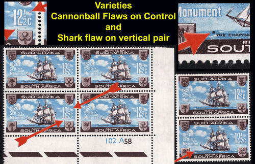 RSA: 1968 12 1/2c Settlers Ctrl Block & Vert Pair with CANNONBALL/SHARK VARIETIES!! UMM SACC 222