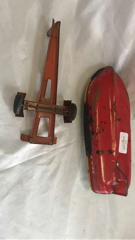 1950s Tin Toy Boat & Trailer
