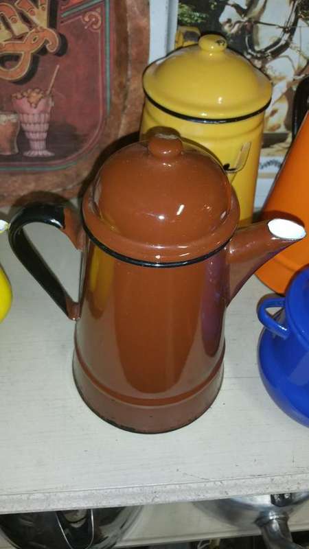 Vintage ENAMEL Coffee Pot Brown With White Inside