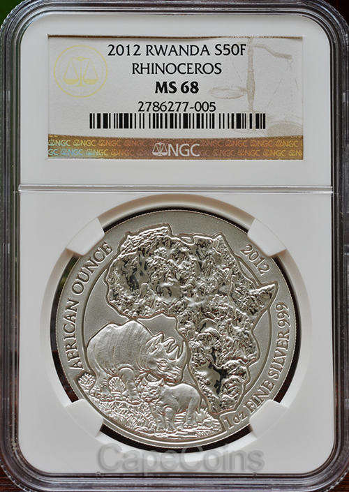 2012 Rwanda Rhinoceros MS68 Silver Coin