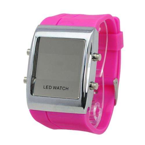 Stylish Red Light Digital Mirror LED Wrist Watch with Pink Silicone Band