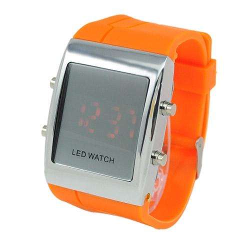 Stylish Red Light Digital Mirror LED Wrist Watch with Orange Silicone Band