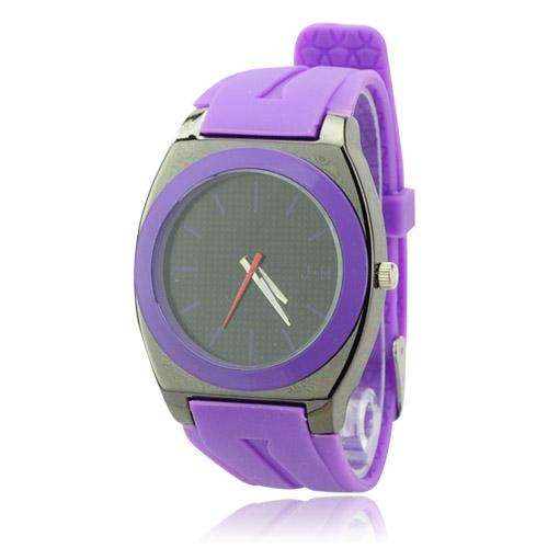 Stylish Round Dial Silicone Band Quartz Movement Wrist Watch -Purple