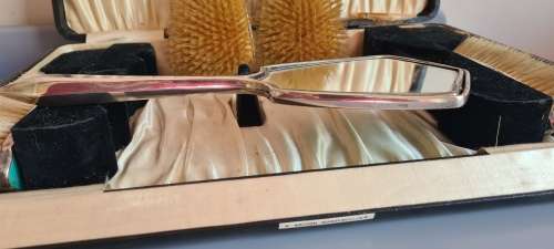 Enamel and Sterling Silver Ladies Brush Set with Mirror