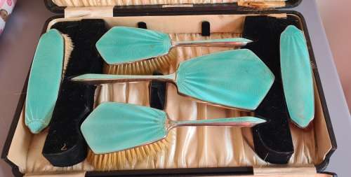 Enamel and Sterling Silver Ladies Brush Set with Mirror