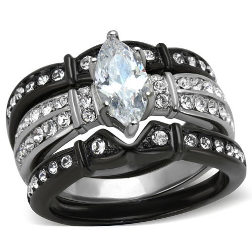HIGH FASHION BLACK STAINLESS STEEL SIMULATED DIAMOND LADIES WEDDING RING SET