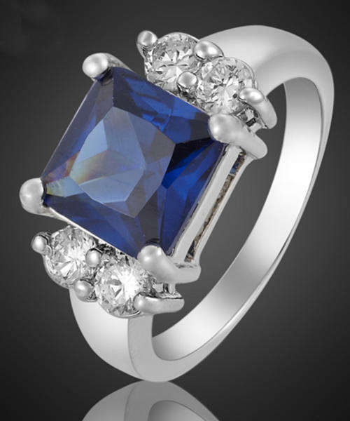 18K WHITE GOLD PLATED SIMULATED SAPPHIRE LADIES RING