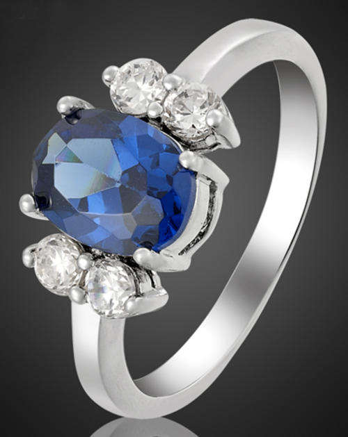 18K WHITE GOLD PLATED SIMULATED SAPPHIRE LADIES RING