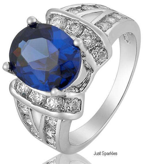 18K WHITE GOLD PLATED SIMULATED SAPPHIRE LADIES RING