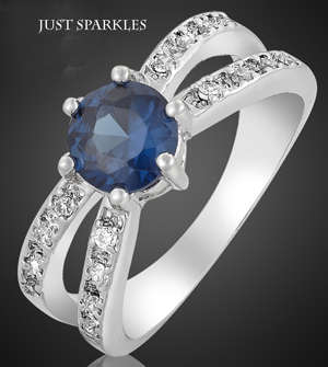 WHITE GOLD PLATED SIMULATED SAPPHIRE LADIES RING