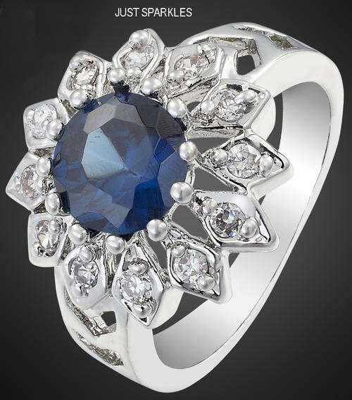 18K WHITE GOLD PLATED SIMULATED SAPPHIRE LADIES RING