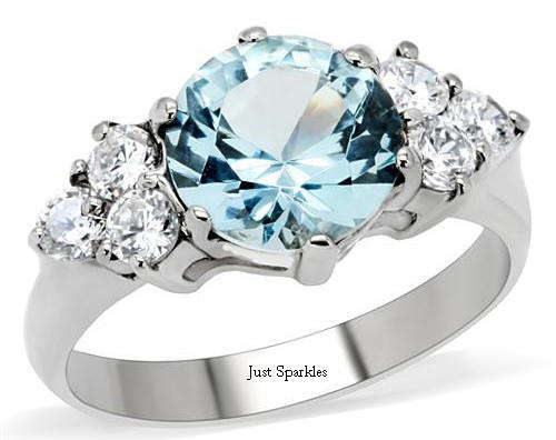STUNNING STAINLESS STEEL SIMULATED BLUE TOPAZ LADIES RING