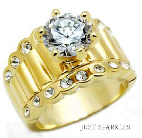 STUNNING YELLOW GOLD PLATED SIMULATED DIAMOND LADIES RING