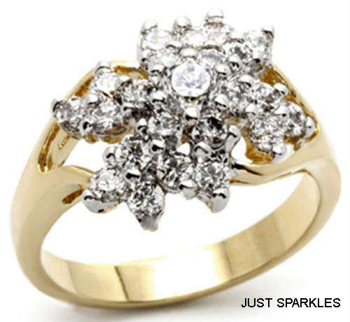 STUNNING YELLOW GOLD PLATED SIMULATED DIAMOND LADIES RING