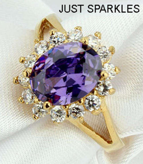 STUNNING 18K YELLOW GOLD PLATED SIMULATED AMETHYST LADIES RING