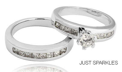 STUNNING WHITE GOLD PLATED SIMULATED DIAMOND WEDDING RING SET