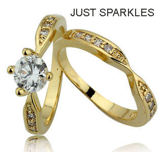 STUNNING YELLOW GOLD PLATED SIMULATED DIAMOND WEDDING RING SET