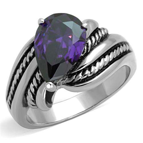 STUNNING STAINLESS STEEL SIMULATED AMETHYST LADIES RING