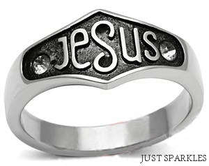 RELIGIOUS MEN'S 18K WHITE GOLD PLATED AND SIMULATED DIAMOND RING