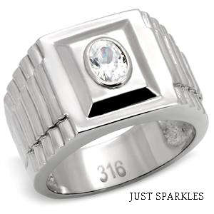 TRENDY MEN'S STAINLESS STEEL AND SIMULATED DIAMOND RING