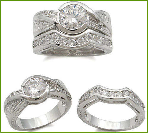 18ct WHITE GOLD PLATED SIMULATED DIAMOND WEDDING RING SET & FREE BRACELET!!