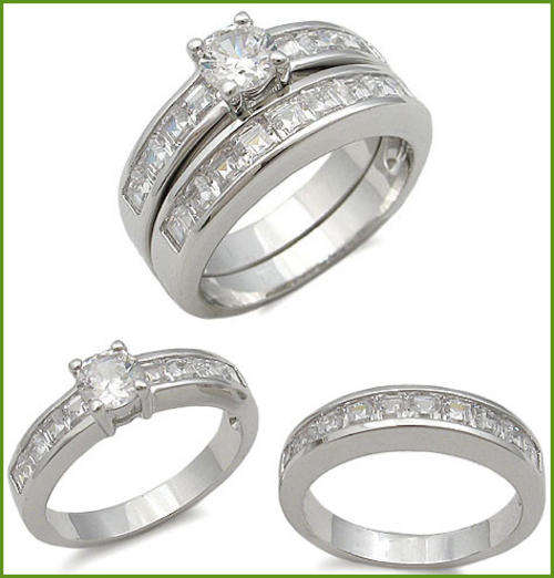 18ct WHITE GOLD PLATED SIMULATED DIAMOND WEDDING SET
