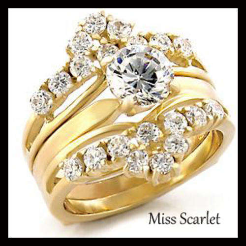 SIMULATED DIAMOND 18KT YELLOW GOLD PLATED WEDDING RING SET