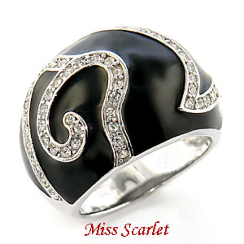 SIMULATED DIAMOND AND BLACK ENAMEL 18KT WHITE GOLD PLATED RING