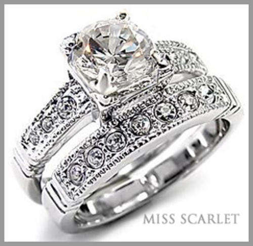 SIMULATED DIAMOND 18KT WHITE GOLD PLATED WEDDING RING SET