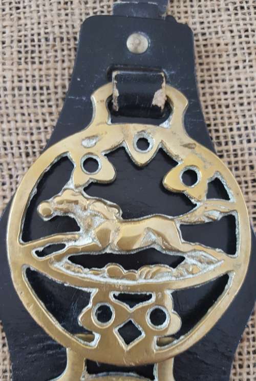 TWO HORSE BRASSES ON A LEATHER STRAP