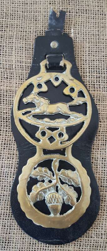TWO HORSE BRASSES ON A LEATHER STRAP