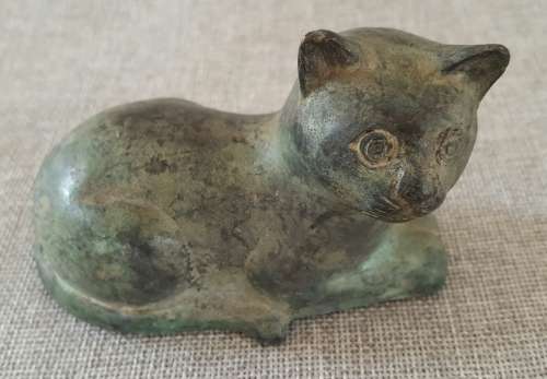 VERDIGRIS BRASS CAT PAPERWEIGHT / ORNAMENT