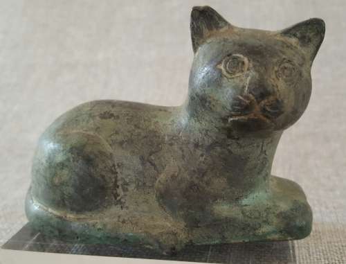 VERDIGRIS BRASS CAT PAPERWEIGHT / ORNAMENT