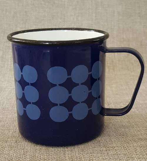Mid-century Modern MCM Finel Arabia, Finland Enamel Mugs by Kaj Franck in Blue Domino